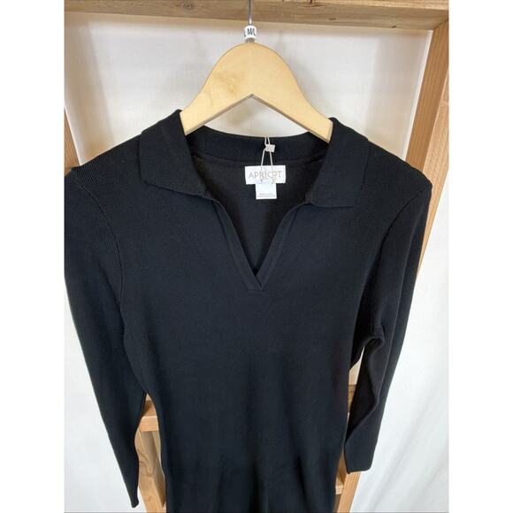 NWT Apricot Black Collared V Neck Ribbed Side Slits Sweater Dress #1411 Size MED - Picture 2 of 6